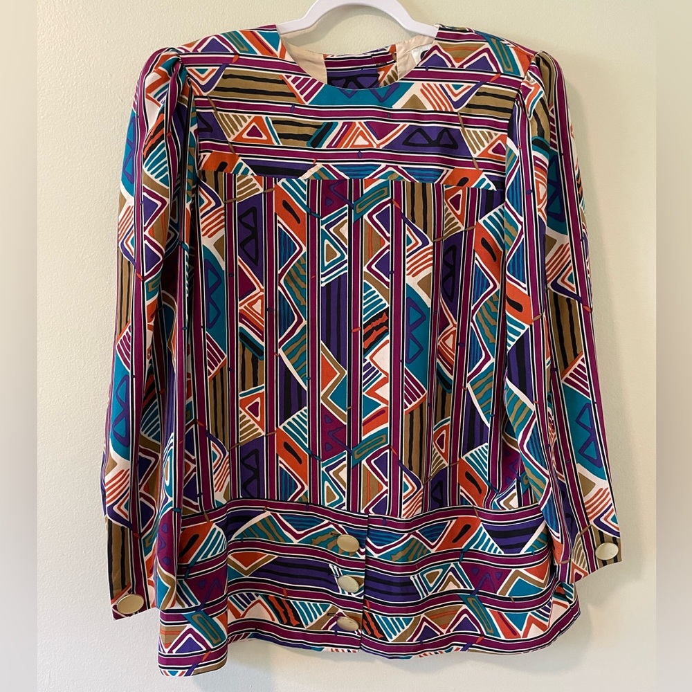 Jo Hanna York By Joan Davis Vintage Vibrant Geometric Pattern Blouse